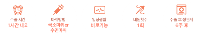 수술 시간 1시간 내외 / 마취방법 국소마취 or 수면마취 / 일상생활 바로가능 / 내원횟수 1회 / 수술 후 성관계 6주 후